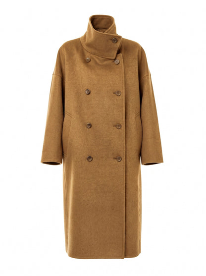Funnel neck coat in Chanterelle camel wool blend, front view