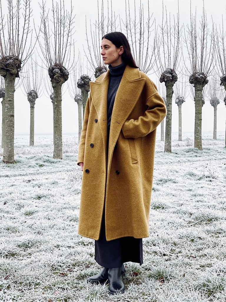 Funnel neck coat in Chanterelle camel, collar folded open into a wide revers