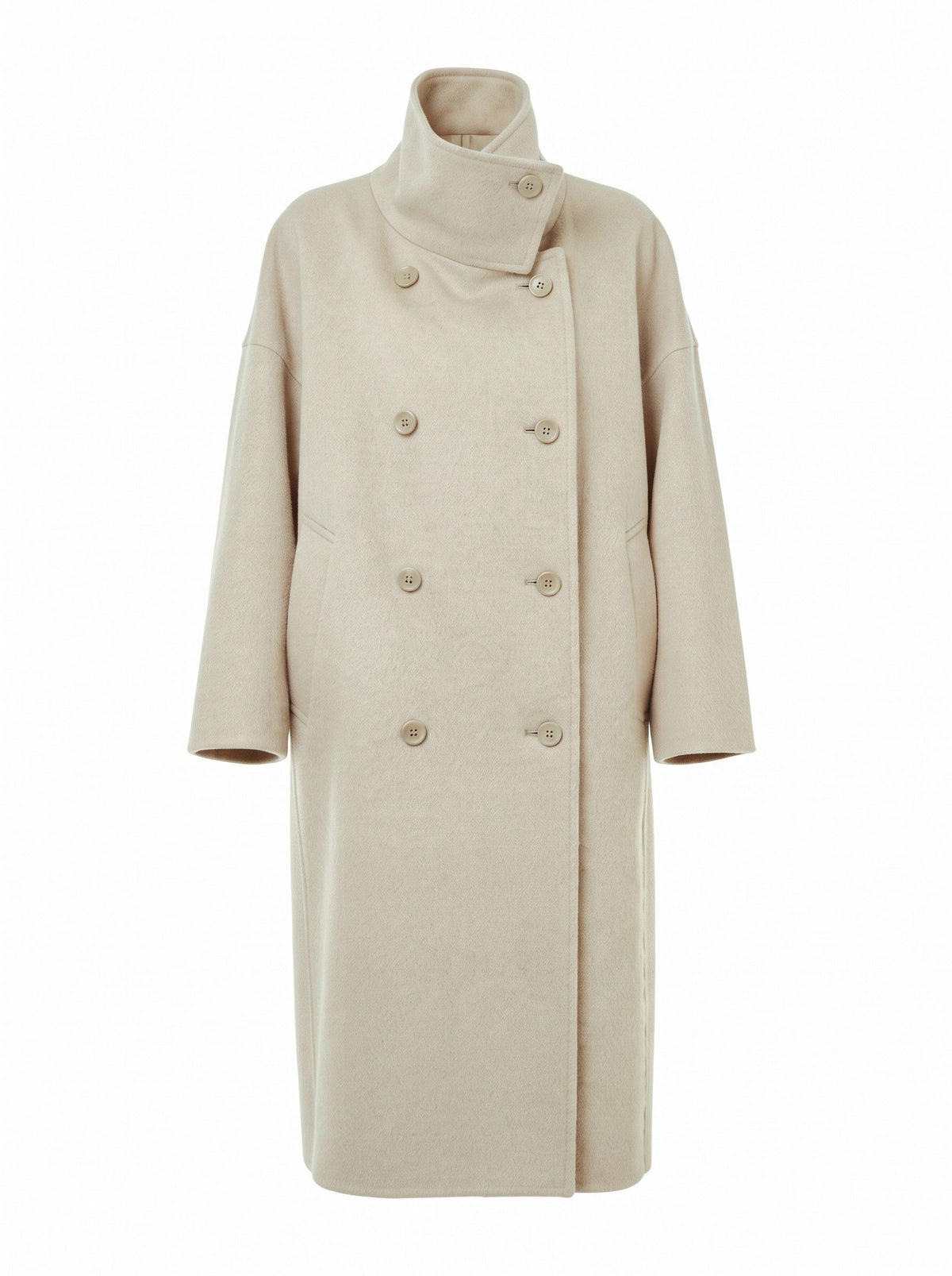 Funnel neck coat in Tallow cream wool blend, front view