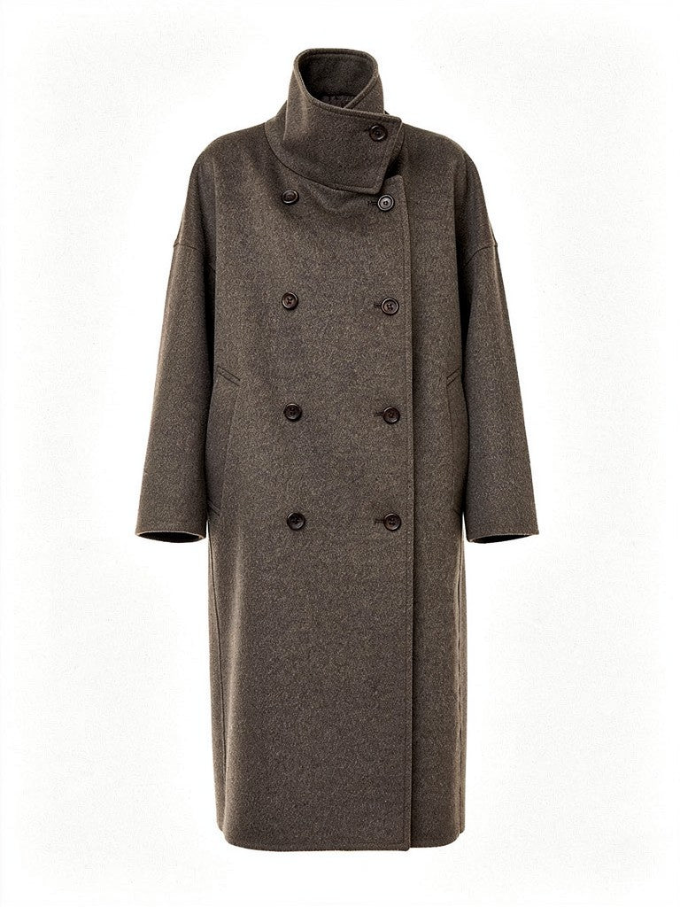 Double-breasted funnel neck coat in Bulrush, front view showing the standing collar and four pairs of buttons