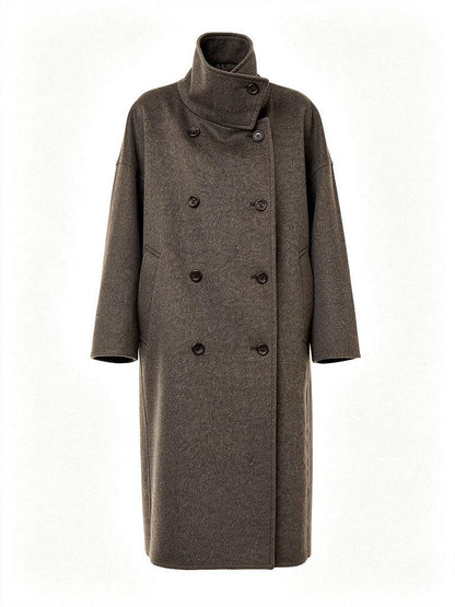 Double-breasted funnel neck coat in Bulrush, front view showing the standing collar and four pairs of buttons