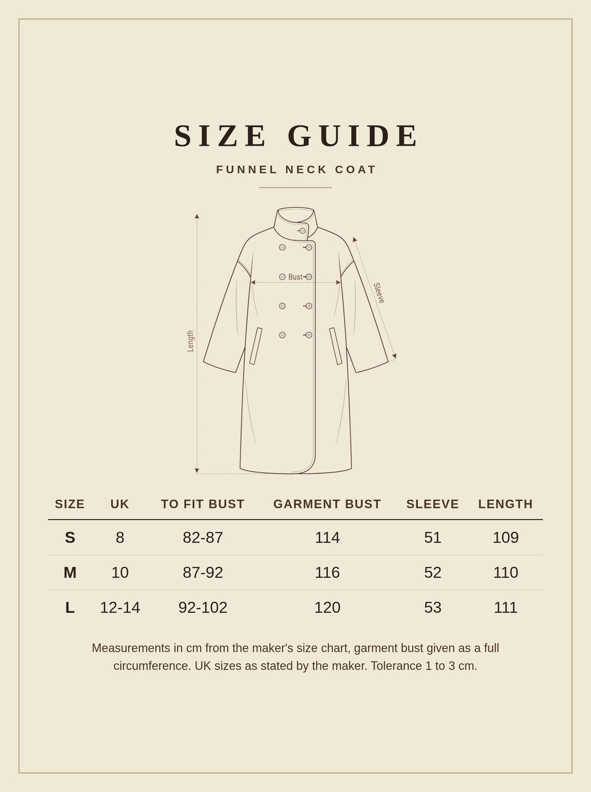 Size guide for the Heythrop funnel neck coat, UK 8 to 14