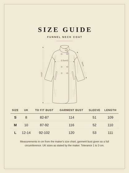 Size guide for the Heythrop funnel neck coat, UK 8 to 14