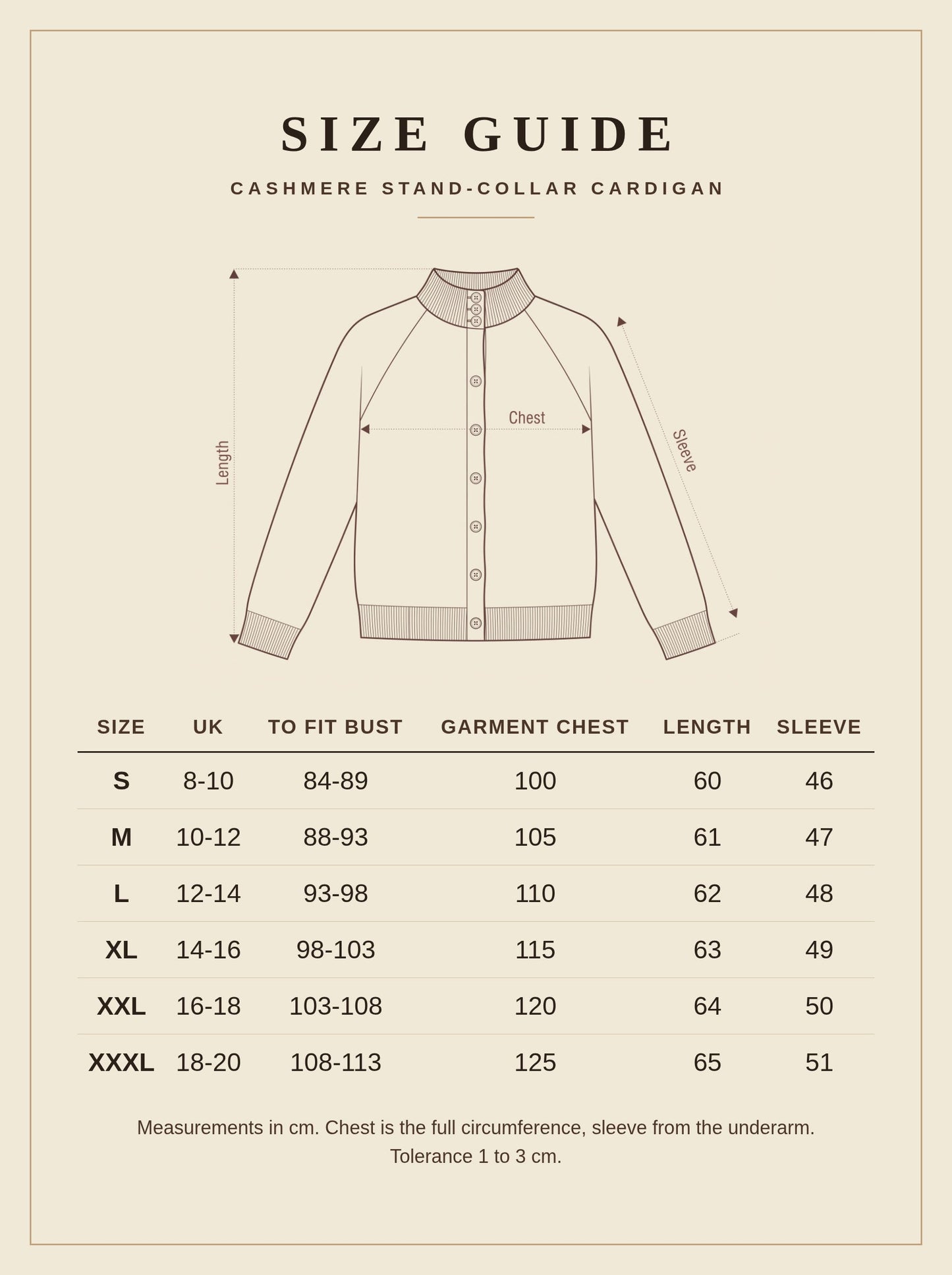 Size guide for the grey cashmere stand-collar cardigan, sizes S to XXXL