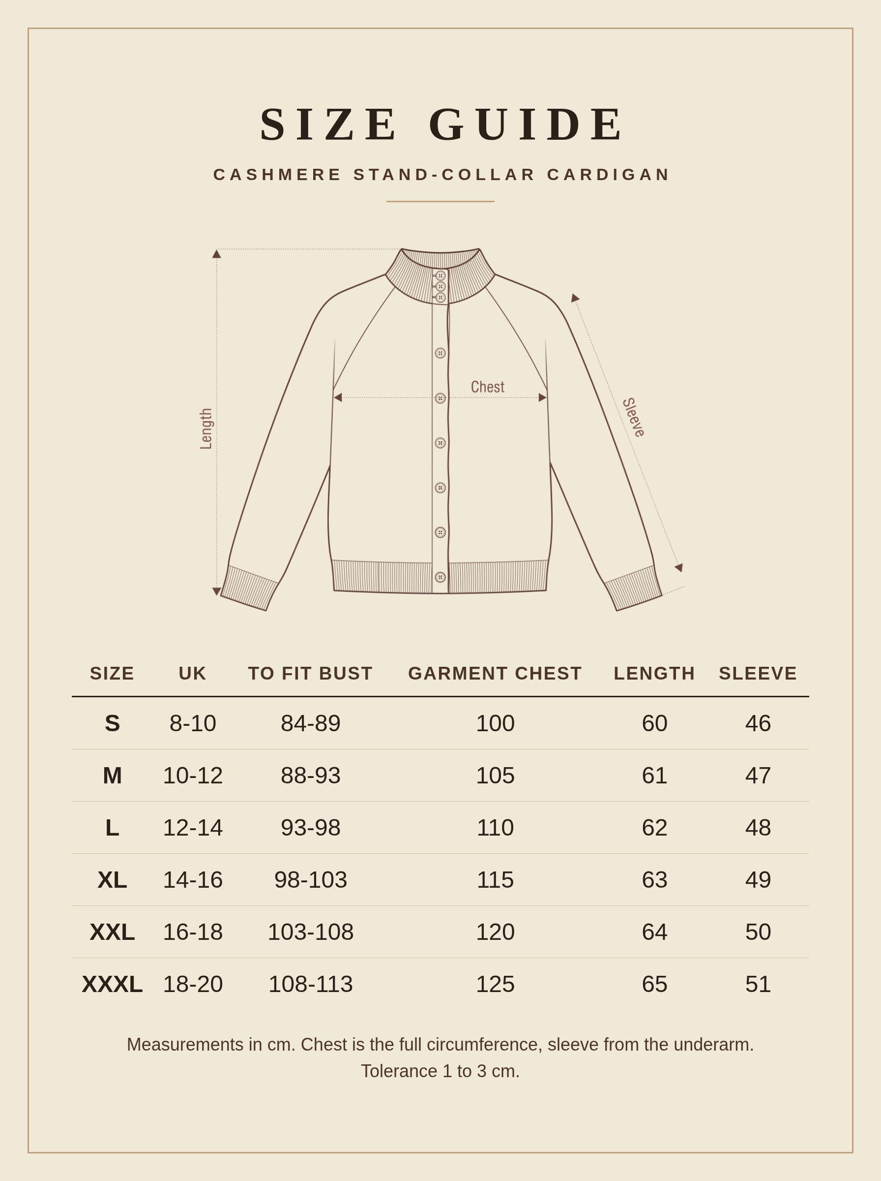 Size guide for the grey cashmere stand-collar cardigan, sizes S to XXXL