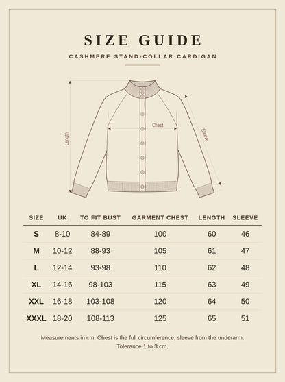 Size guide for the grey cashmere stand-collar cardigan, sizes S to XXXL