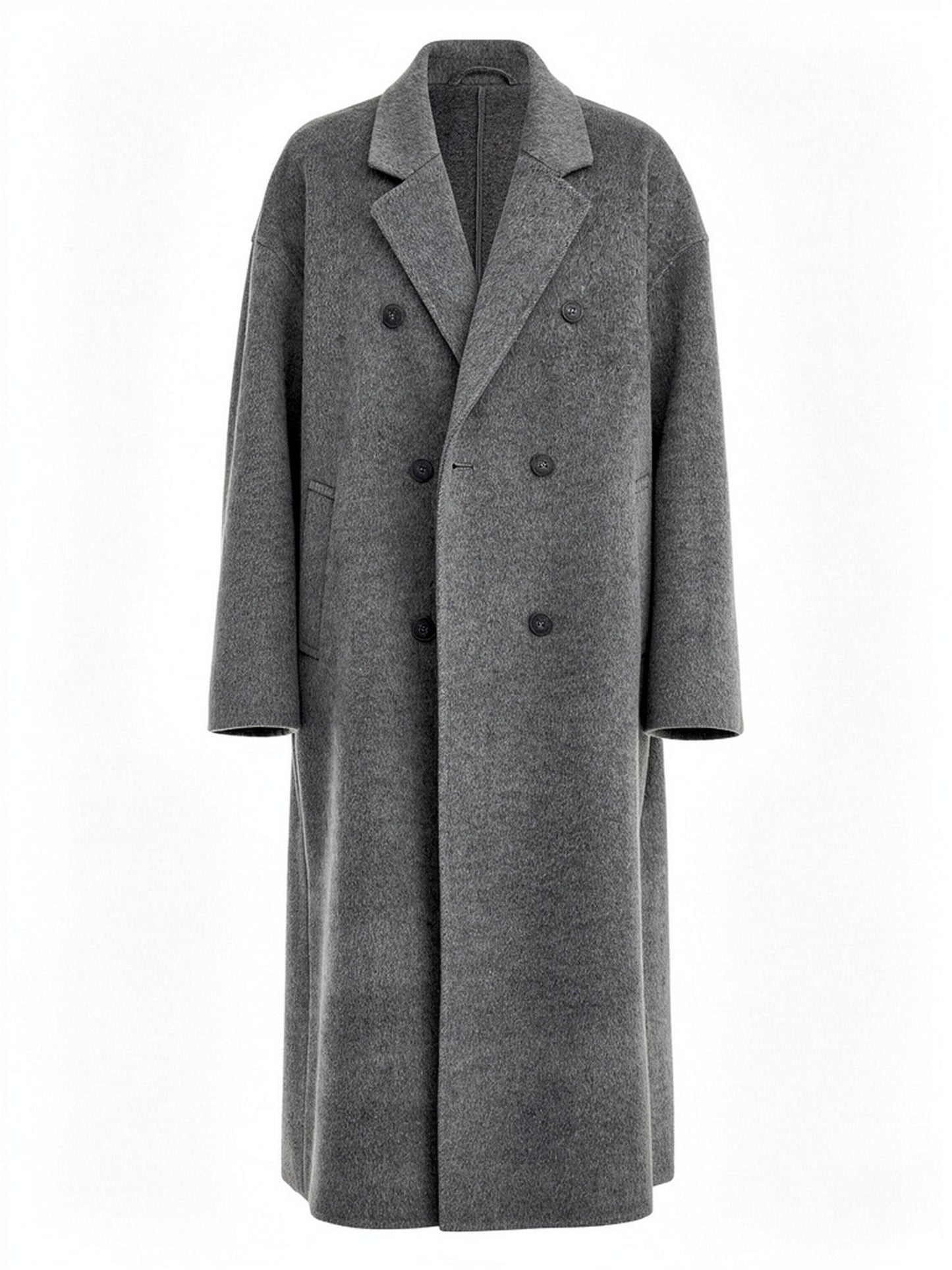 Grey wool coat in Steel Grey, double breasted on six buttons with wide notched lapels