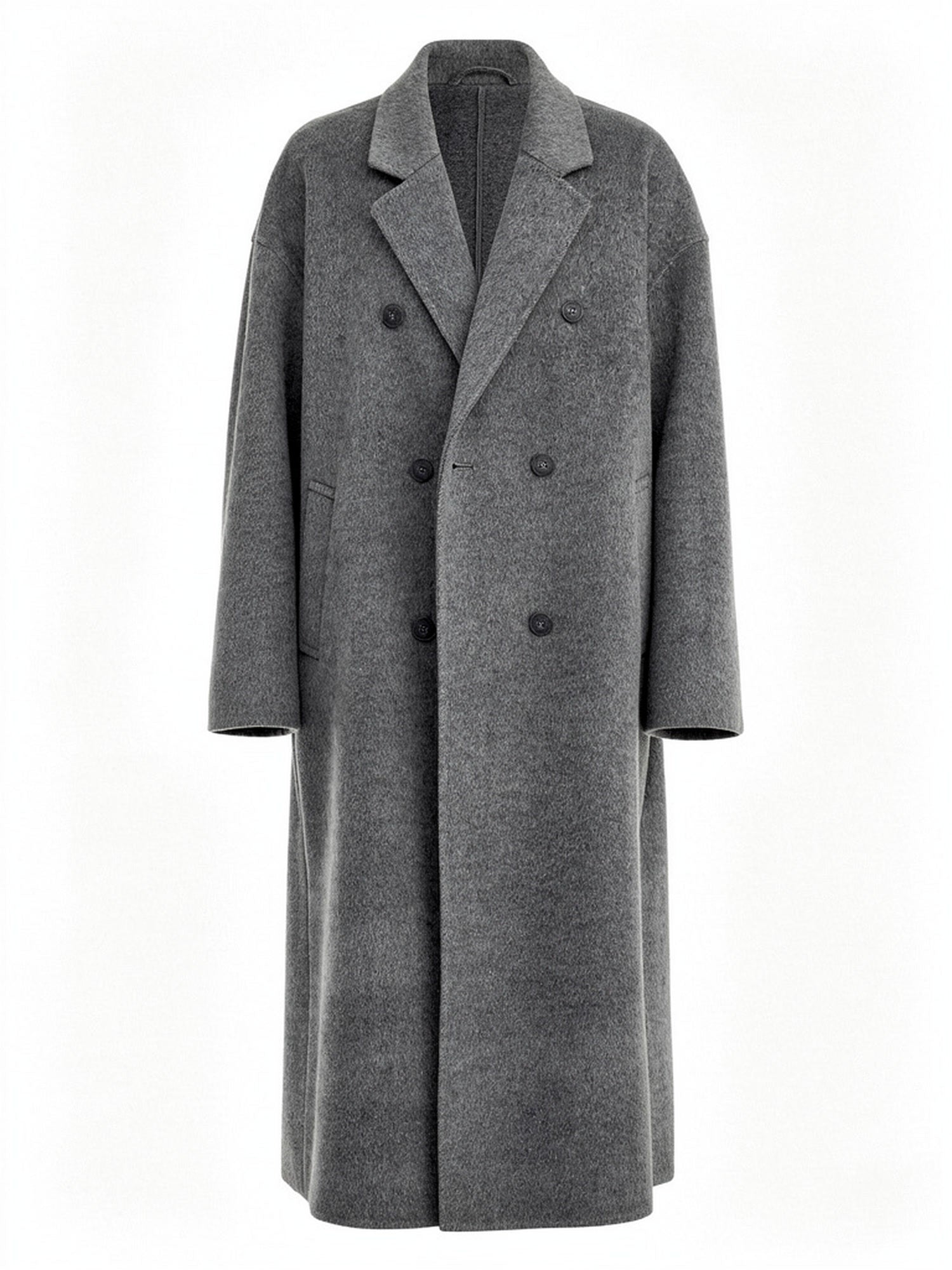 Grey wool coat in Steel Grey, double breasted on six buttons with wide notched lapels