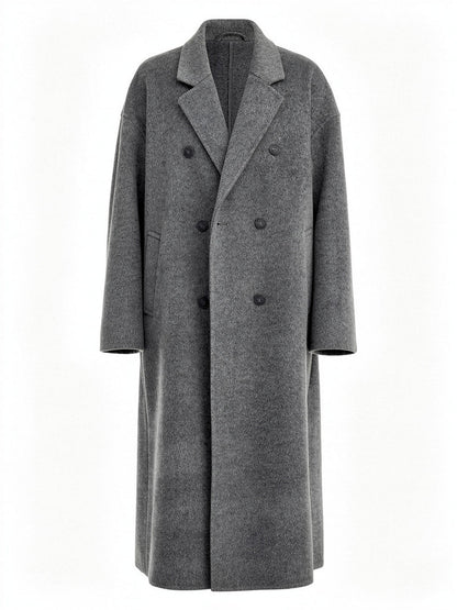 Grey wool coat in Steel Grey, double breasted on six buttons with wide notched lapels