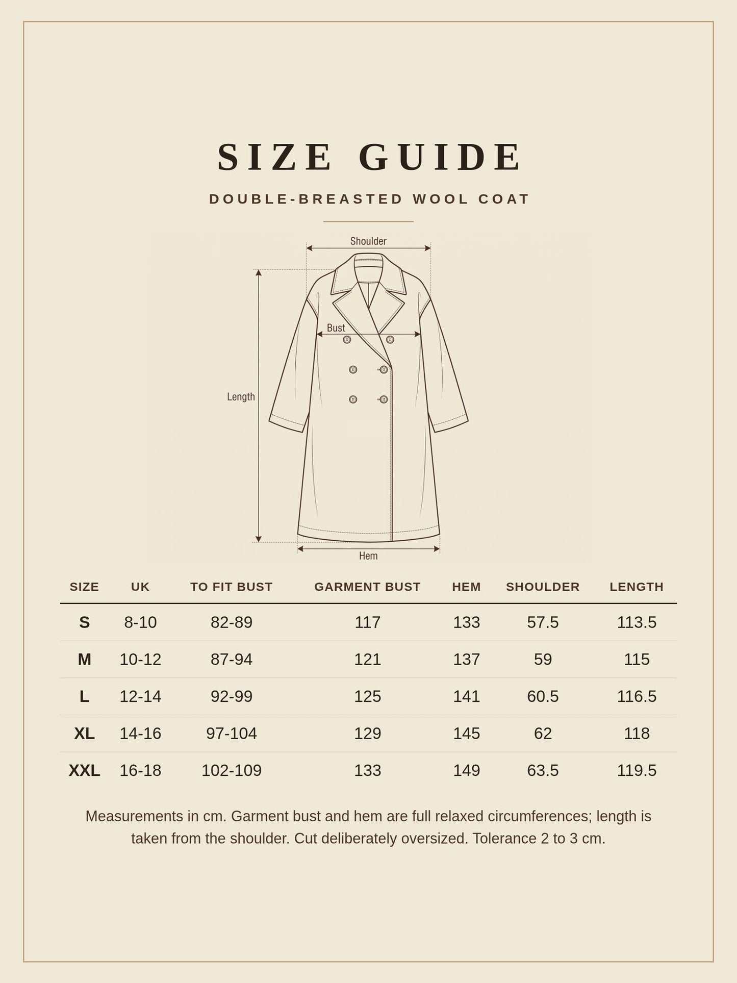 Size guide for the grey wool coat, sizes S to XXL with UK sizes and garment measurements in cm