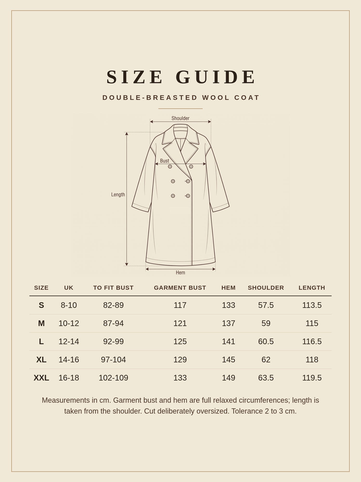 Size guide for the grey wool coat, sizes S to XXL with UK sizes and garment measurements in cm