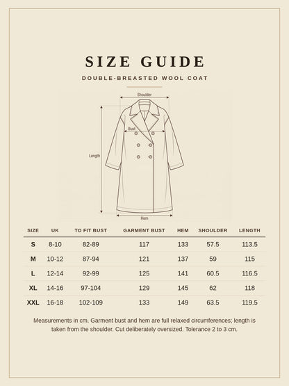 Size guide for the grey wool coat, sizes S to XXL with UK sizes and garment measurements in cm