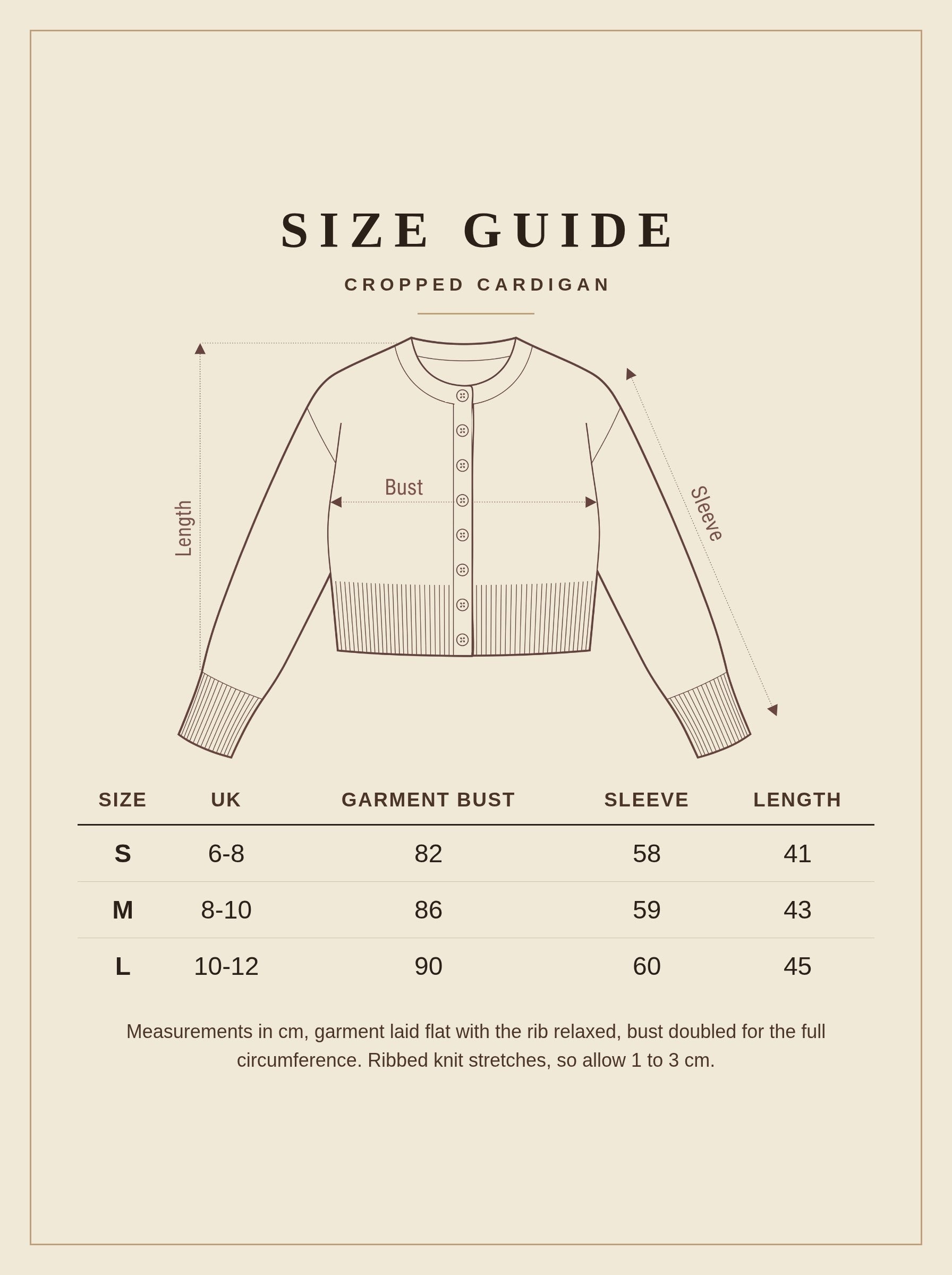Size guide for the Harlbury cropped cardigan, UK sizes 6 to 12