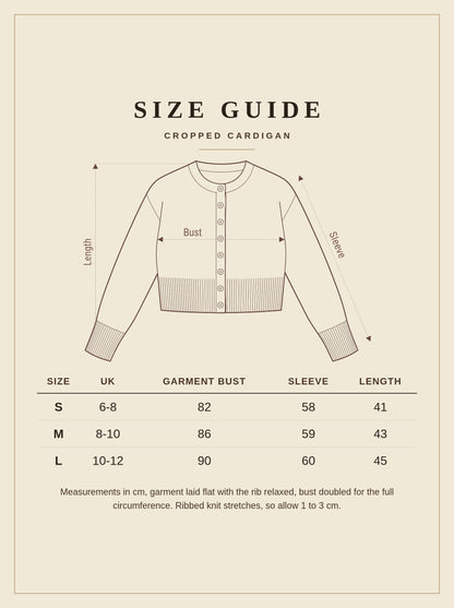 Size guide for the Harlbury cropped cardigan, UK sizes 6 to 12