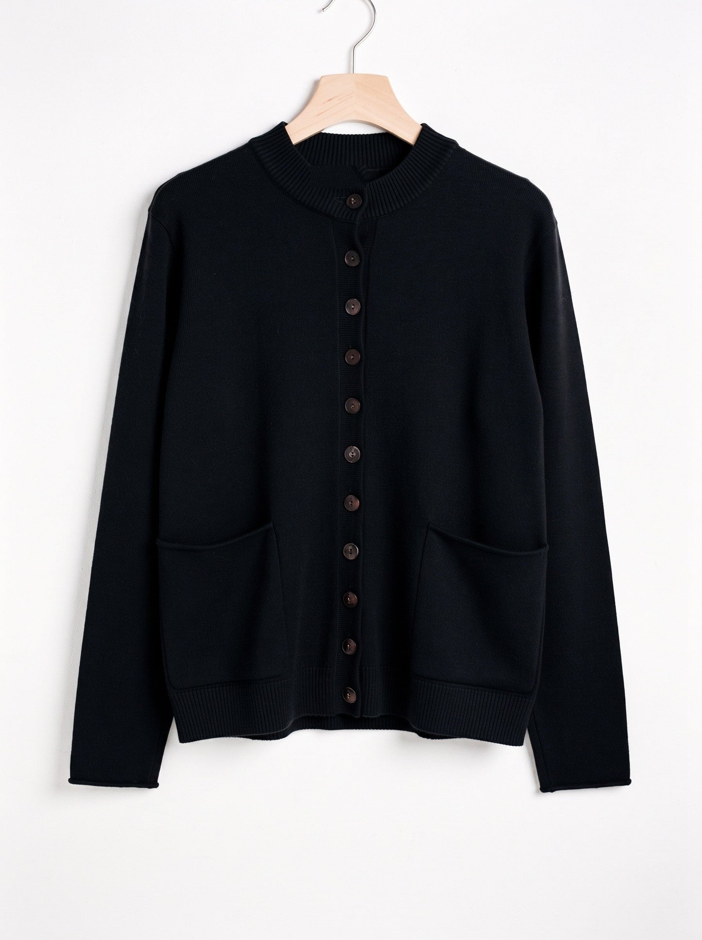 Black mock-neck wool cardigan front packshot