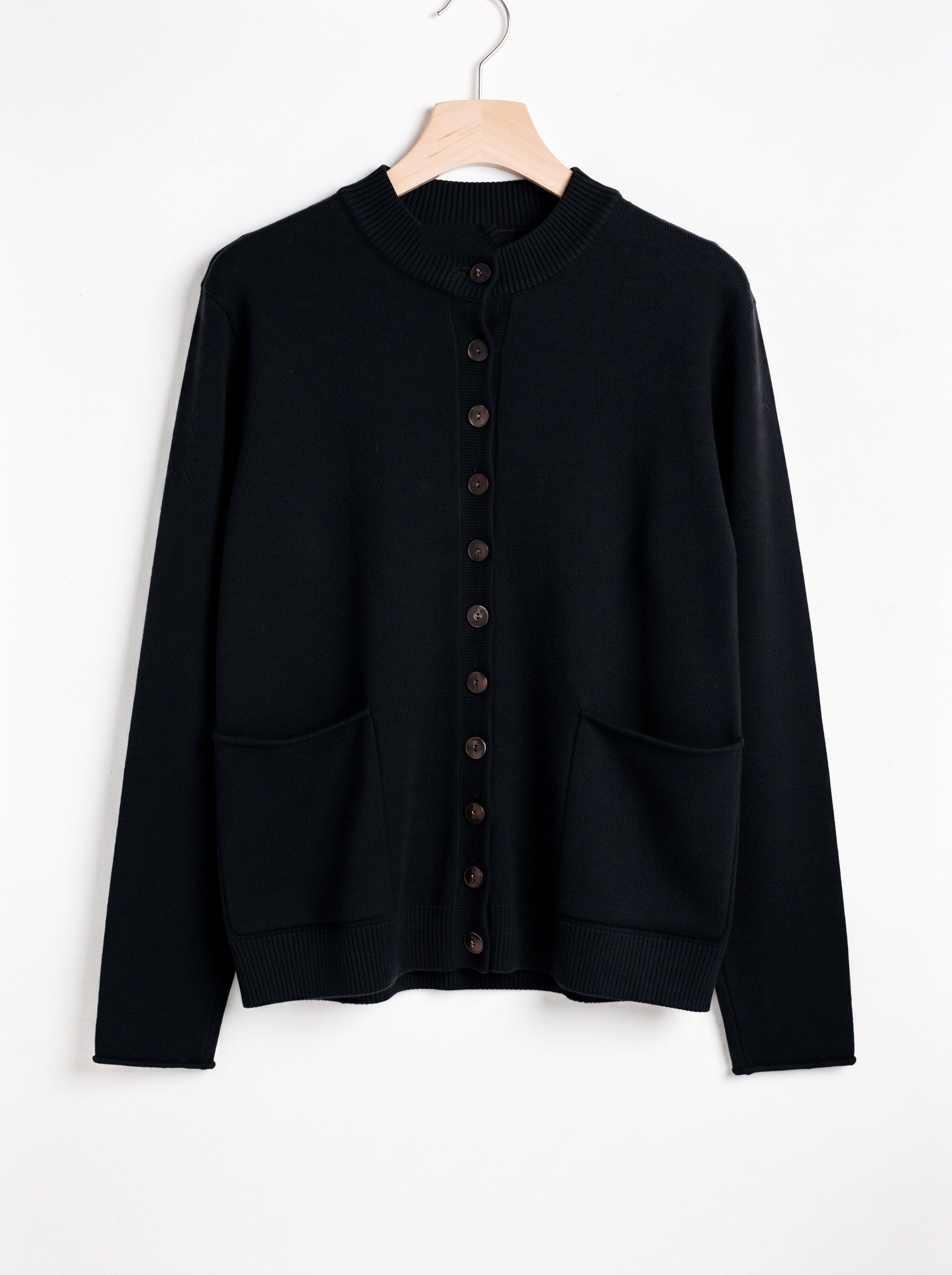 Black mock-neck wool cardigan front packshot