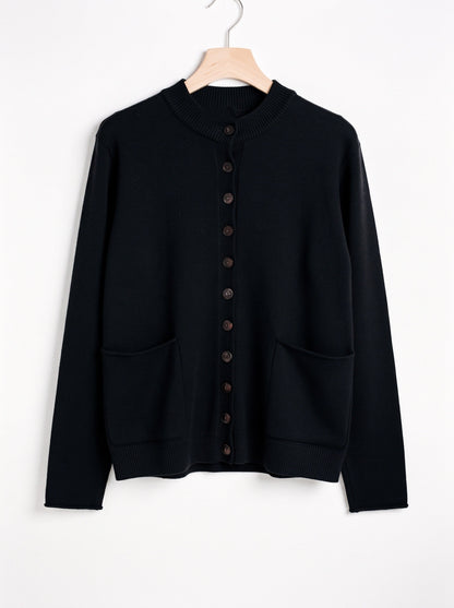 Black mock-neck wool cardigan front packshot