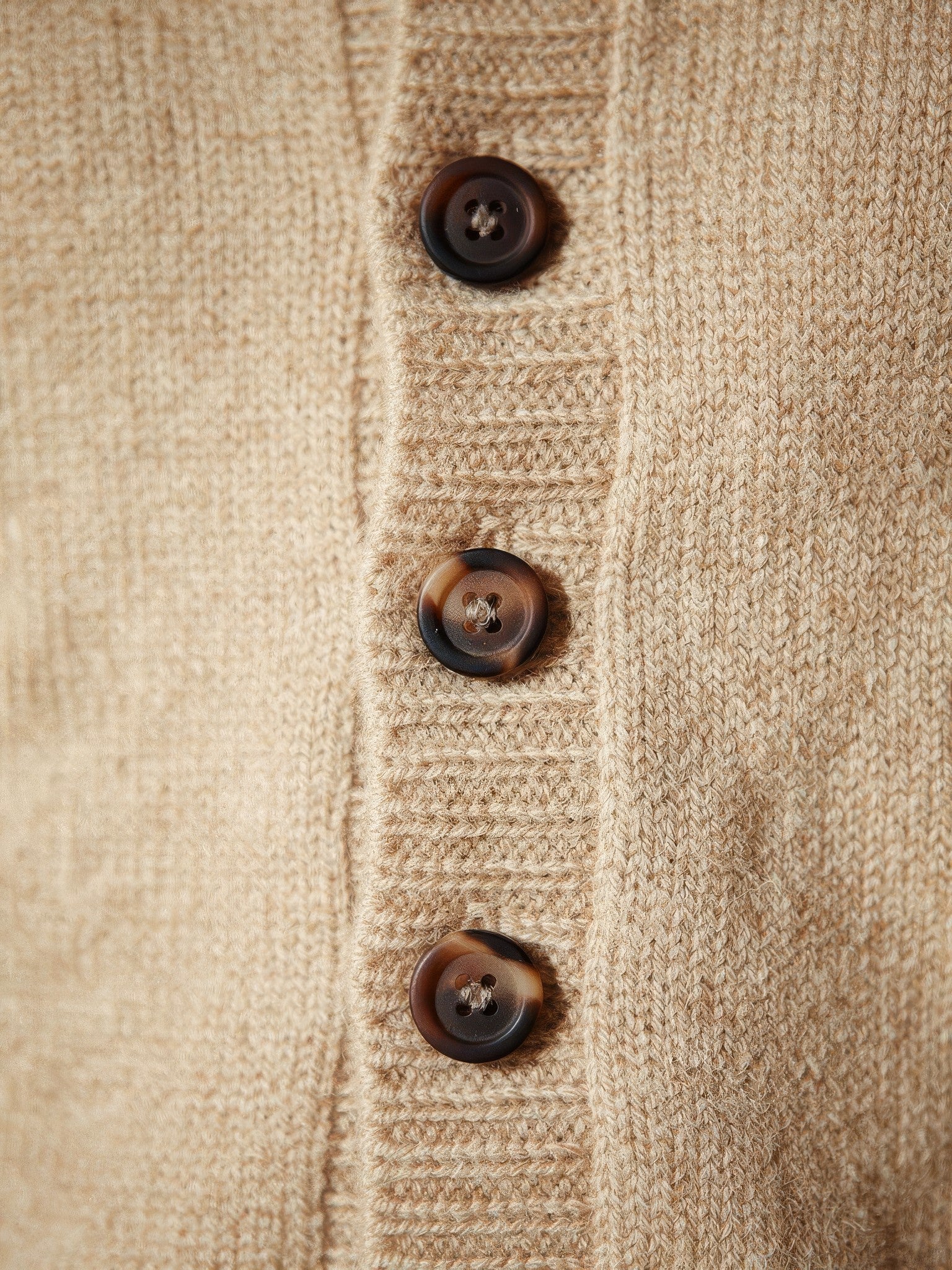 Close-up of the fine wool knit and horn buttons
