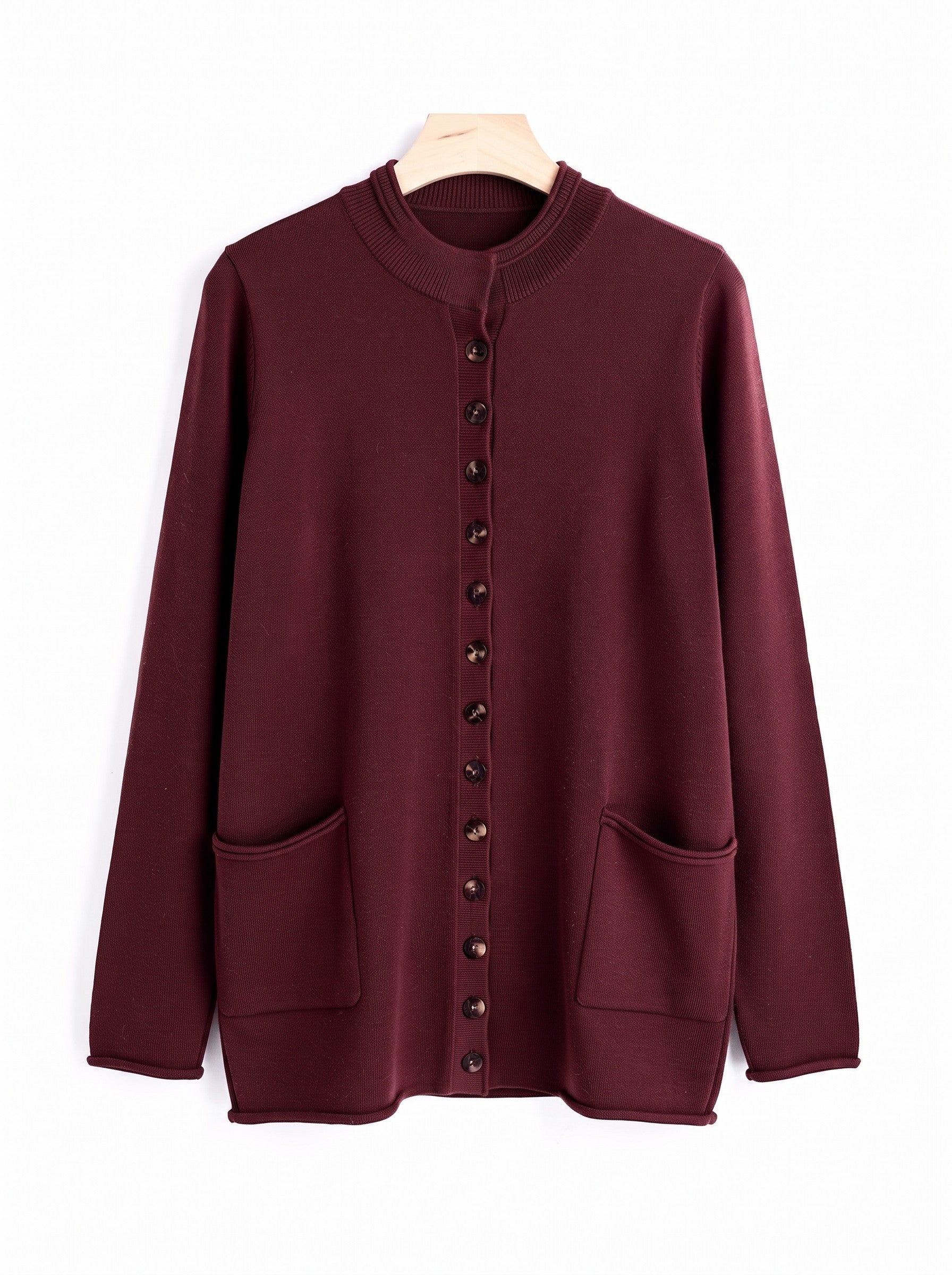 Rosewood mock-neck wool cardigan front packshot