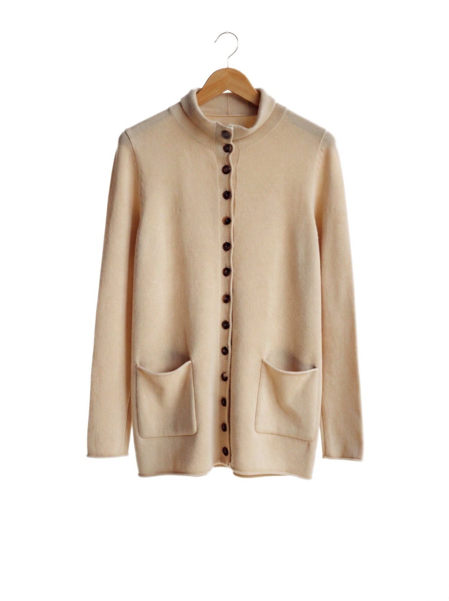 Sand mock-neck wool cardigan front packshot