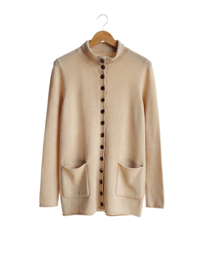 Sand mock-neck wool cardigan front packshot