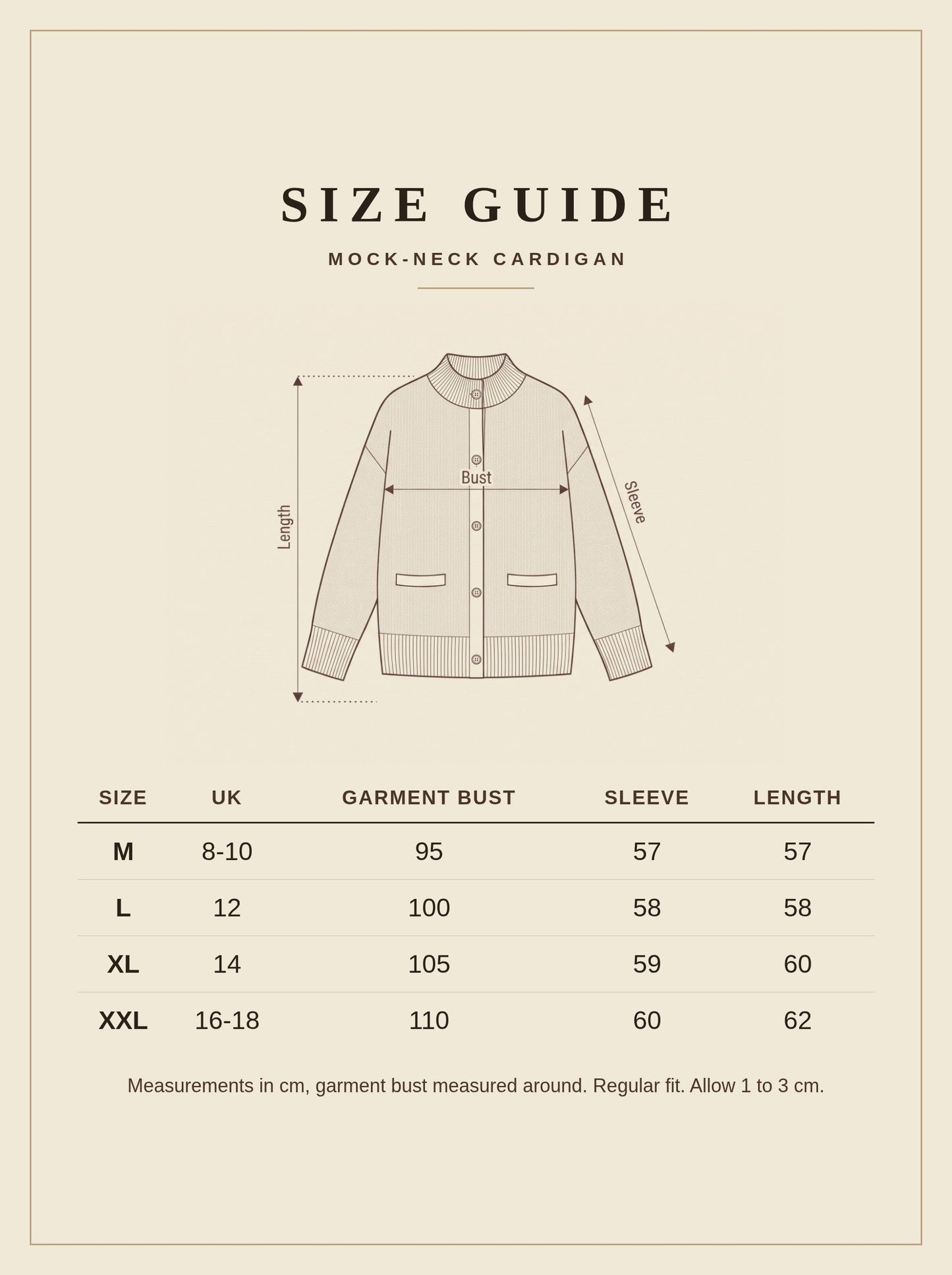 Mock-neck cardigan size guide, measurements in centimetres