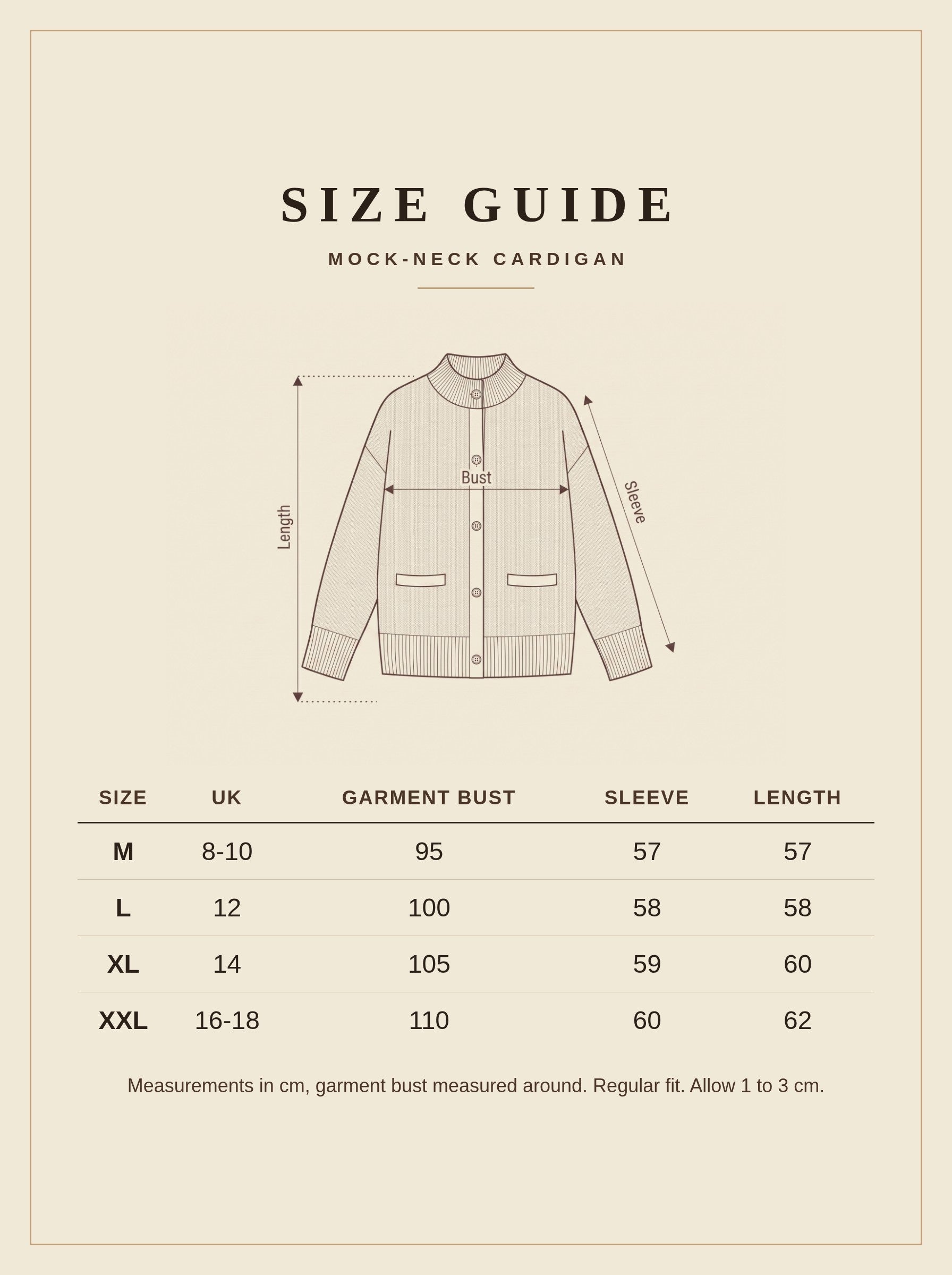 Mock-neck cardigan size guide, measurements in centimetres