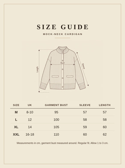 Mock-neck cardigan size guide, measurements in centimetres