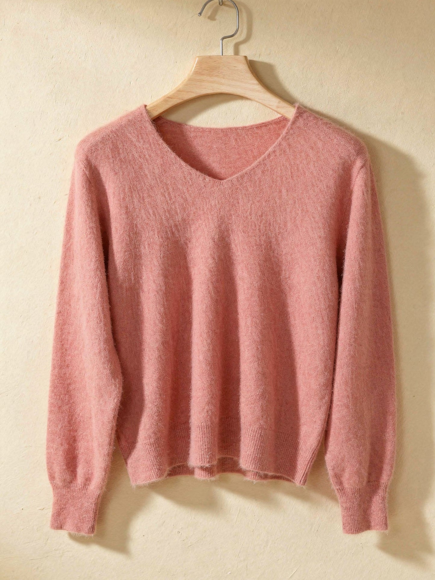 Harlbury blush pink brushed V-neck jumper, front packshot