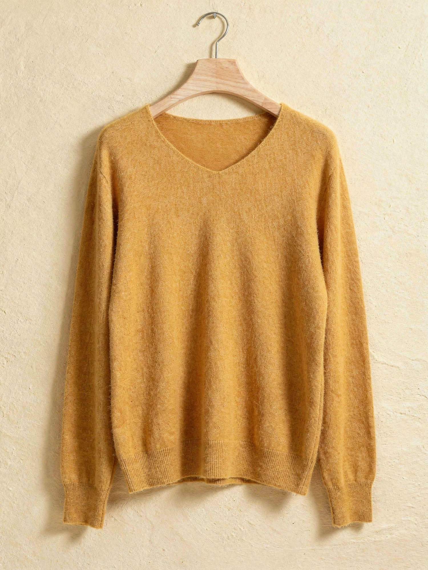 Harlbury ginger brushed V-neck jumper, front packshot