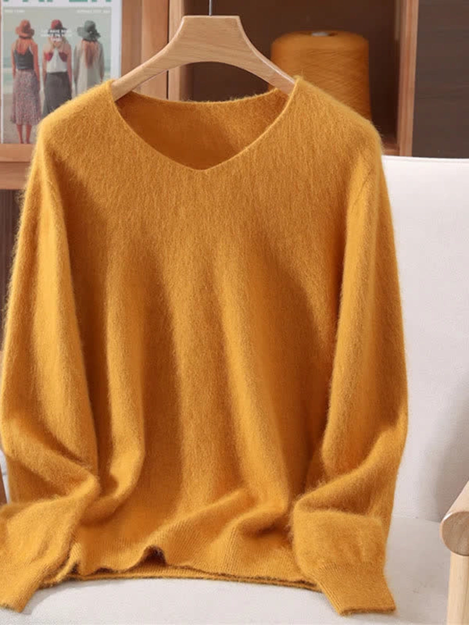Harlbury ginger brushed V-neck jumper, studio photograph