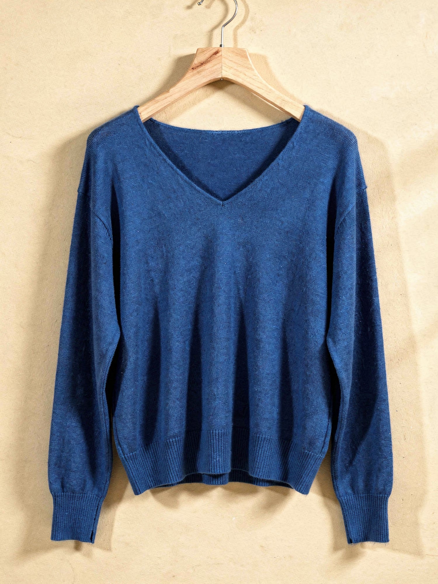 Harlbury sapphire blue brushed V-neck jumper, front packshot