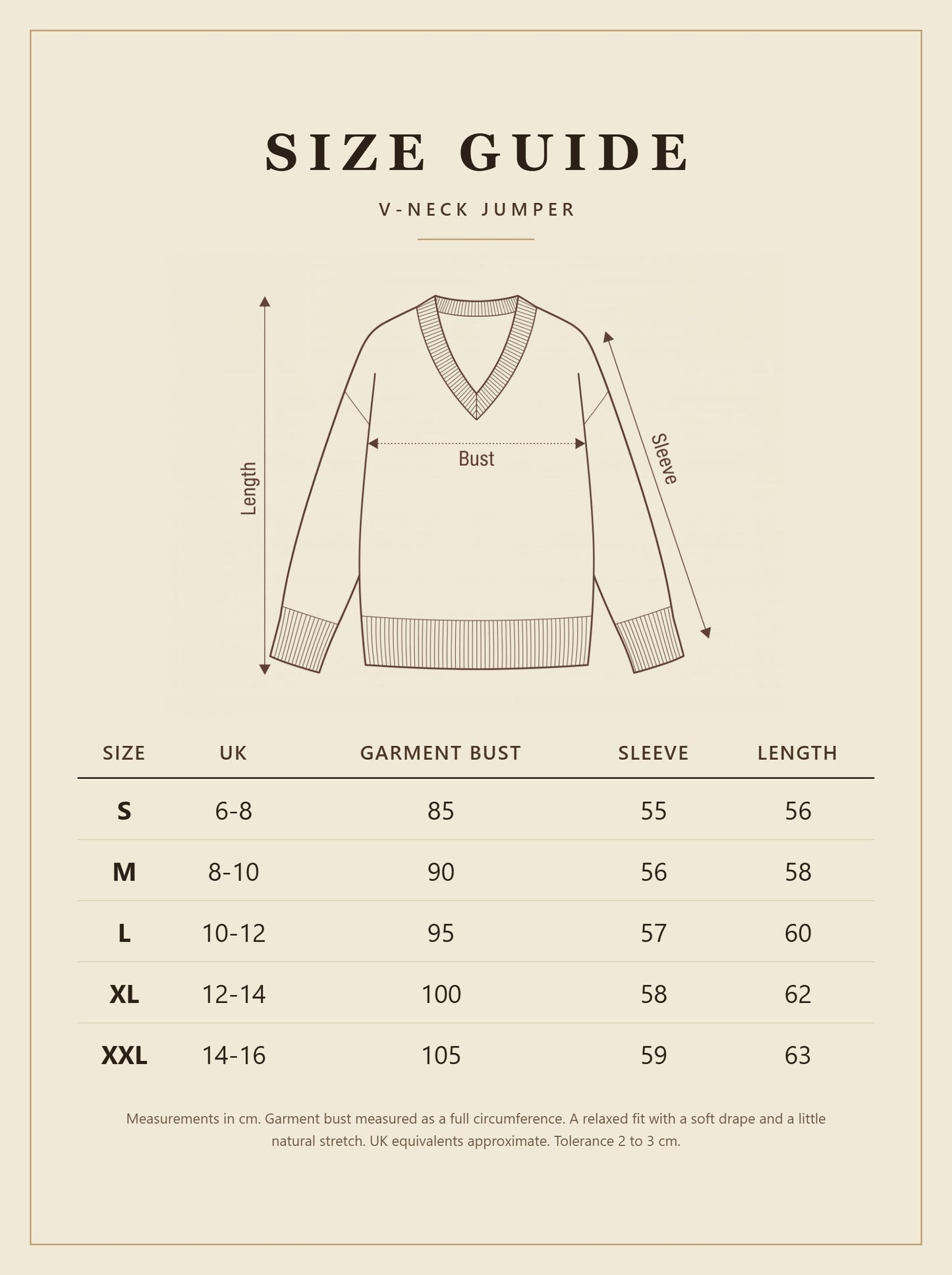 Harlbury V-neck jumper size guide, sizes S to XXL