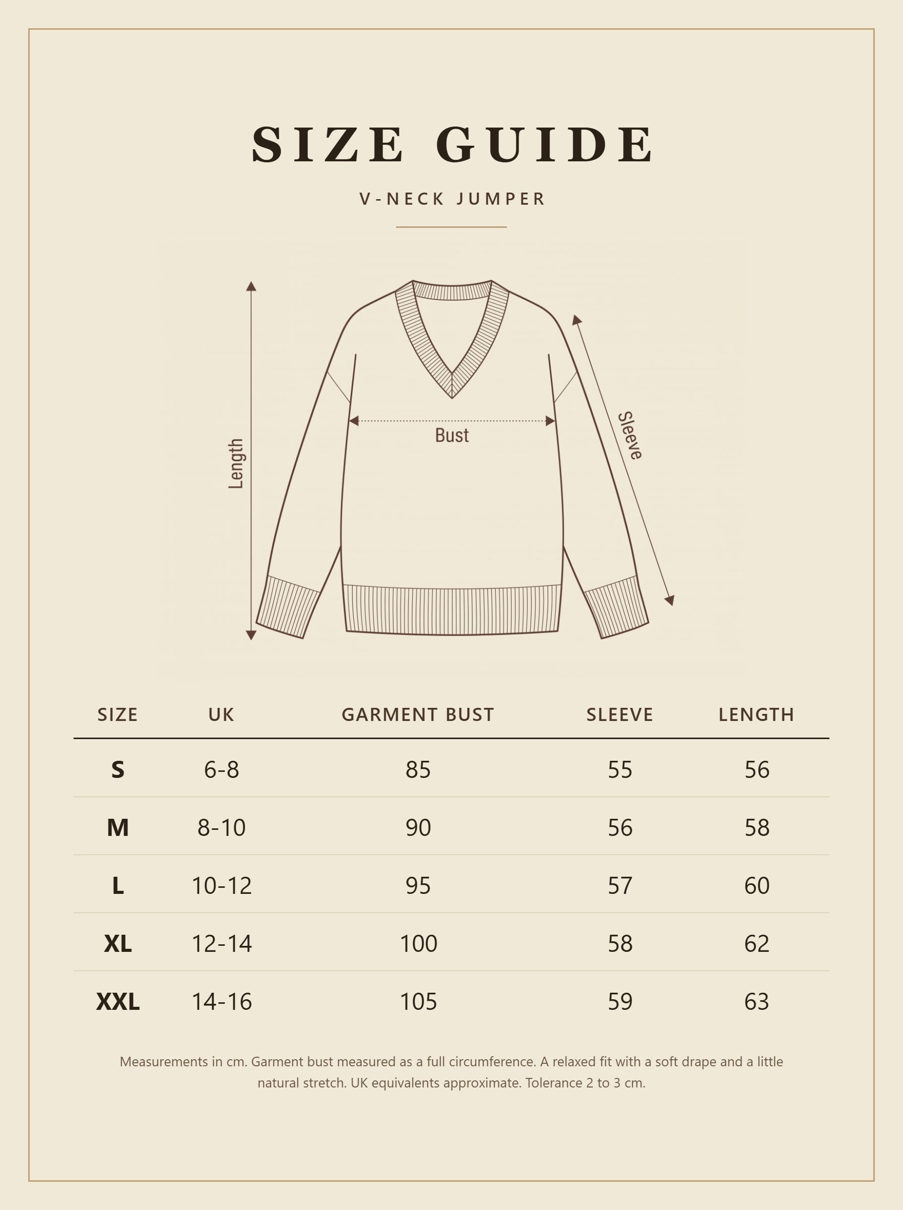 Harlbury V-neck jumper size guide, sizes S to XXL