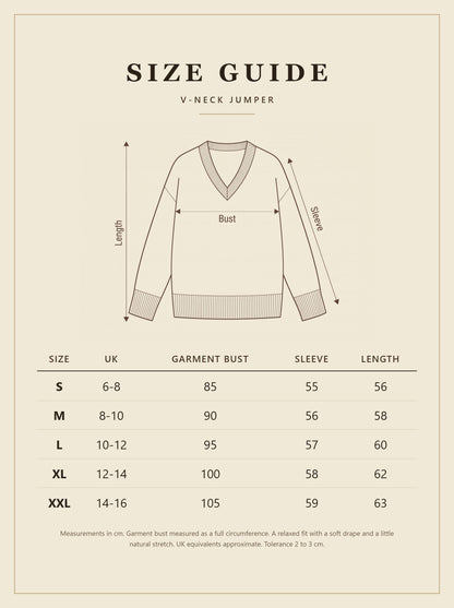 Harlbury V-neck jumper size guide, sizes S to XXL