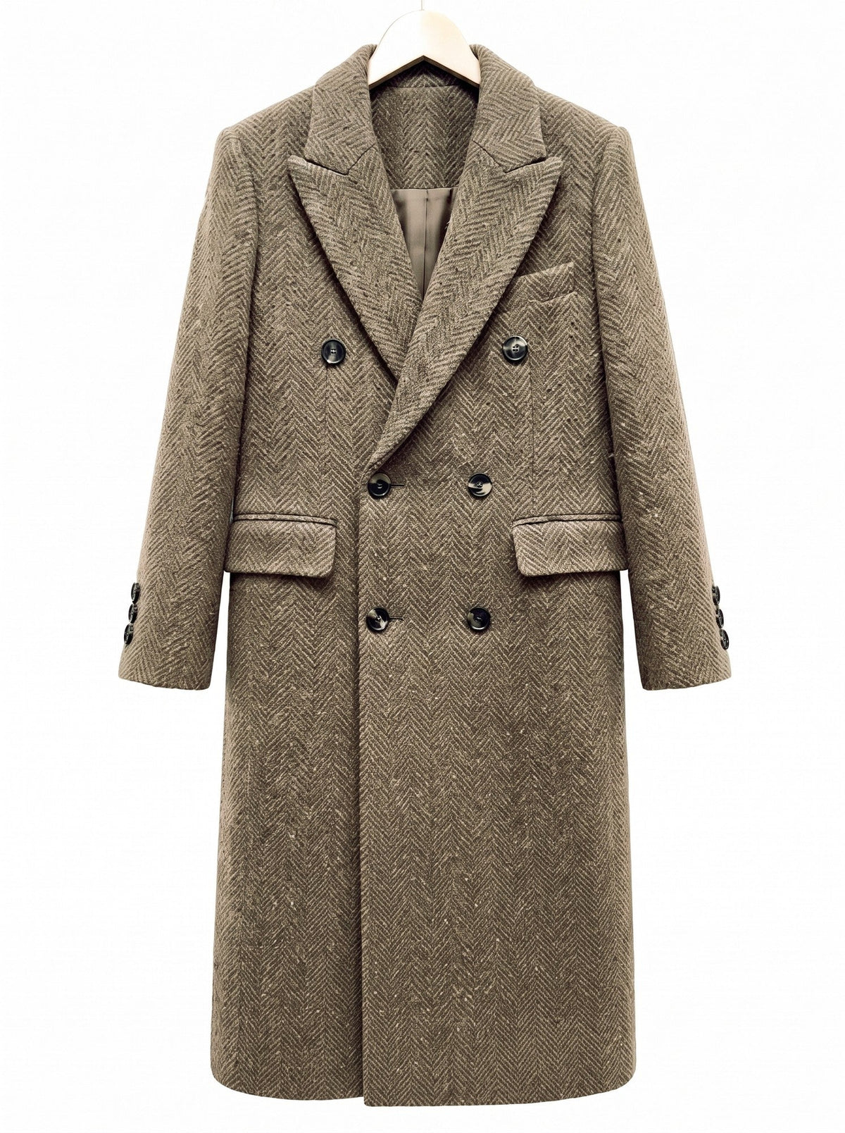 Herringbone coat on a hanger, double-breasted front with six buttons and notch lapels