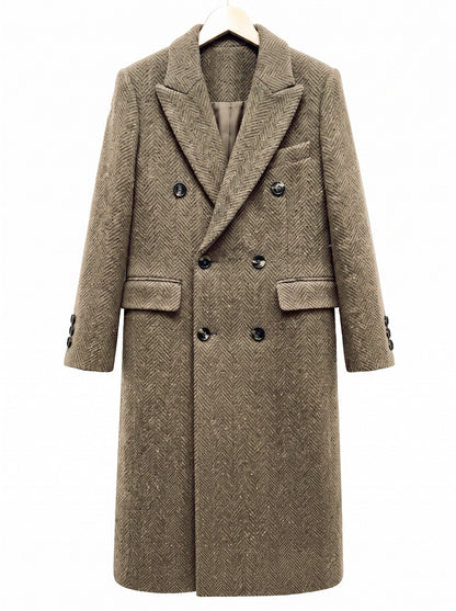 Herringbone coat on a hanger, double-breasted front with six buttons and notch lapels