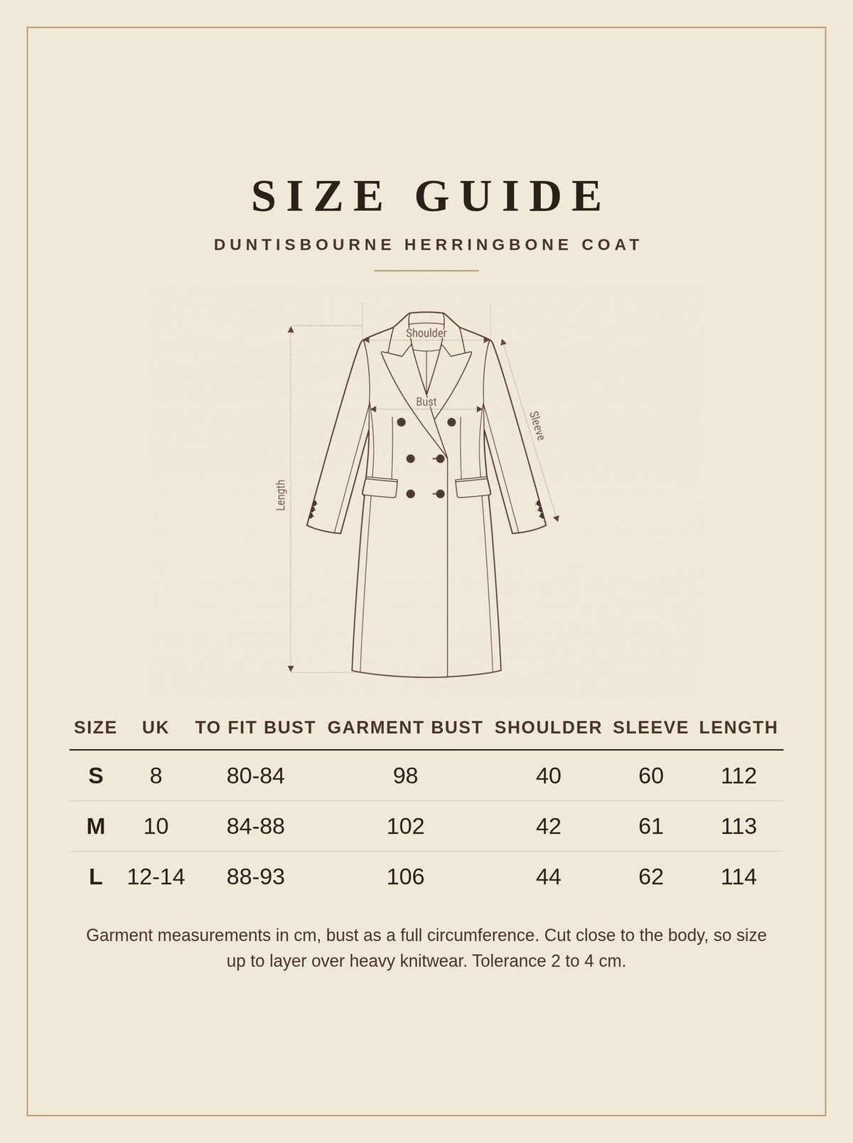 Size guide for the Duntisbourne herringbone coat, sizes S to L