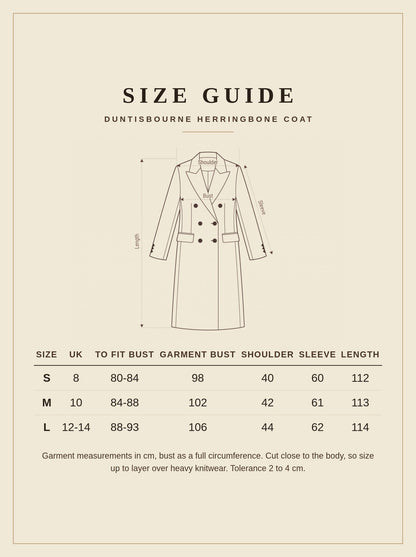Size guide for the Duntisbourne herringbone coat, sizes S to L