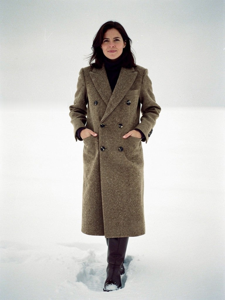 Womens herringbone coat in brindle brown tweed, double-breasted, worn across fresh snow