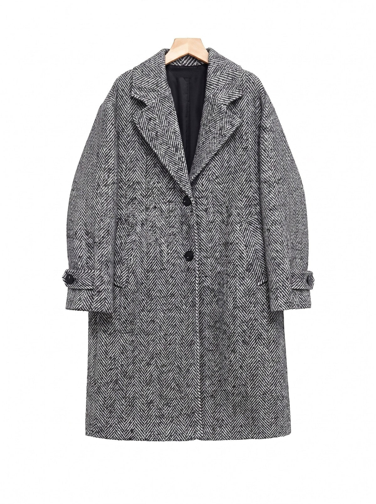 Grey herringbone midi coat on a hanger, single breasted front view
