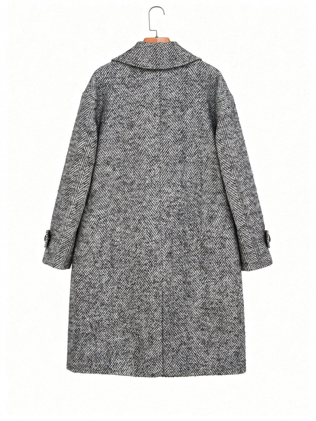 Grey herringbone midi coat on a hanger, back view with no vent