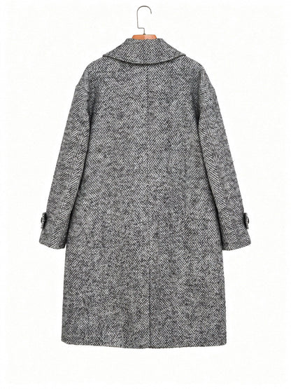 Grey herringbone midi coat on a hanger, back view with no vent