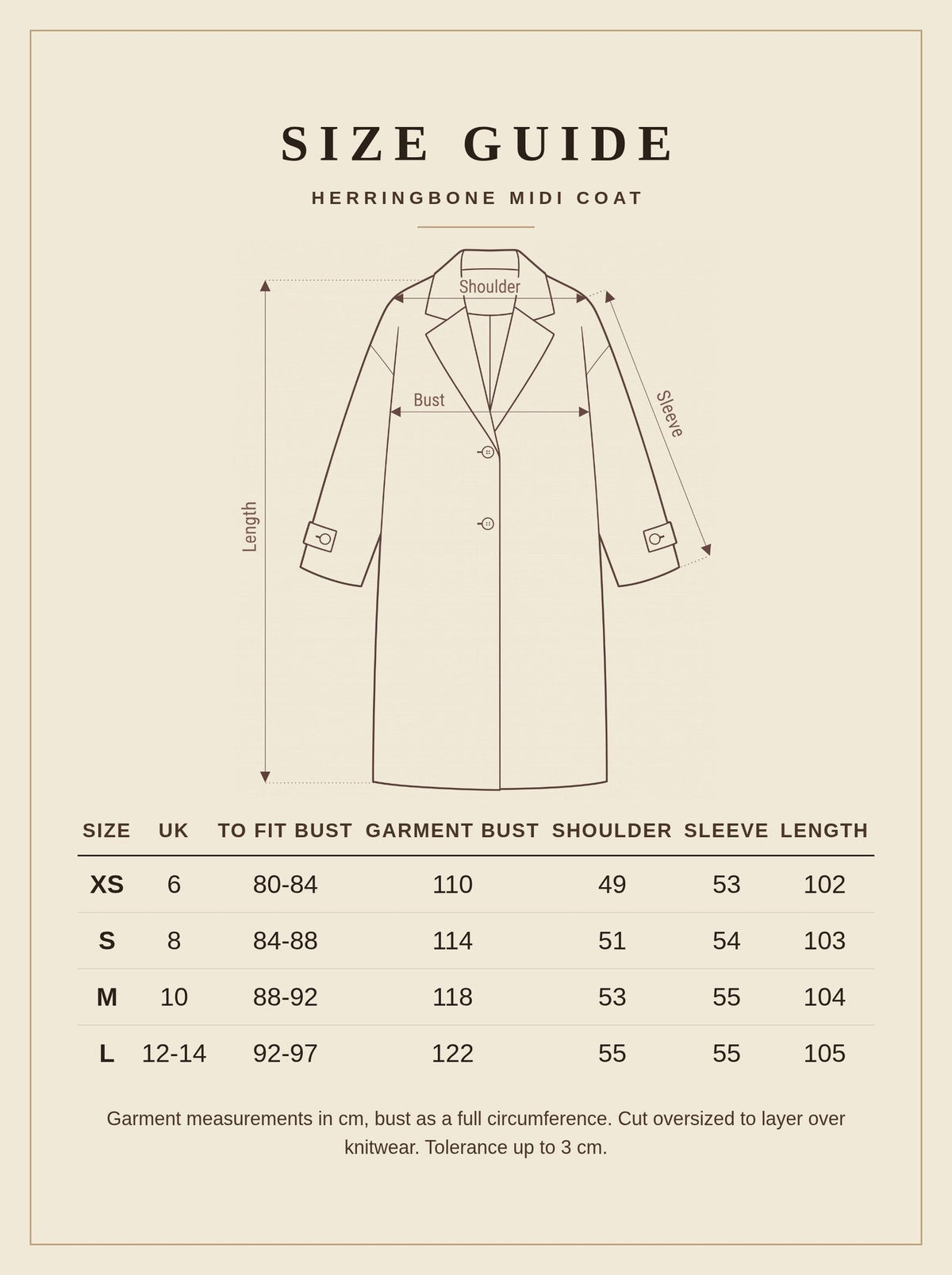 Size guide for the Herringbone Midi Coat, sizes XS to L in centimetres