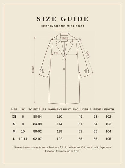 Size guide for the Herringbone Midi Coat, sizes XS to L in centimetres