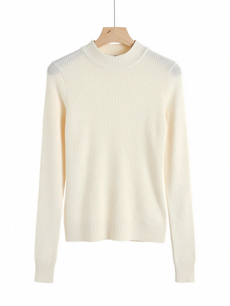 Eggshell high neck top in a fine rib on a hanger, showing the short standing collar