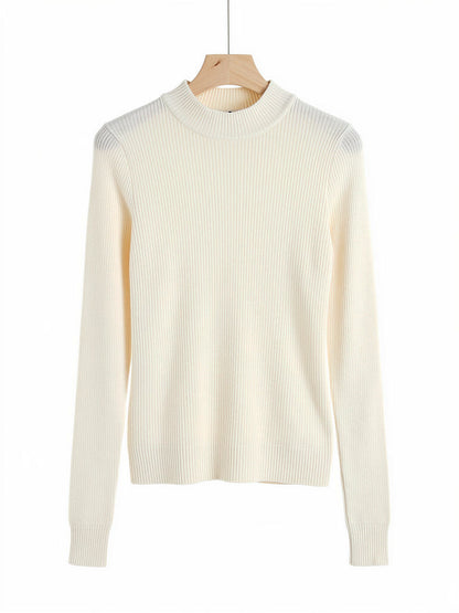 Eggshell high neck top in a fine rib on a hanger, showing the short standing collar