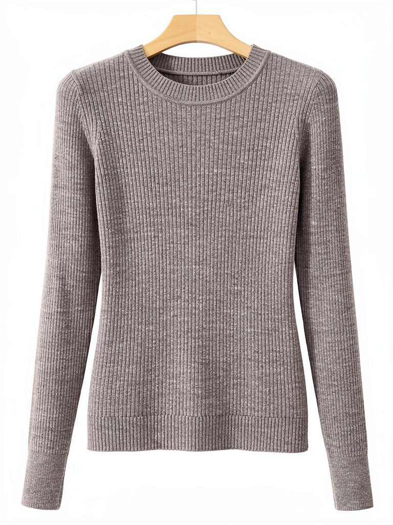 Pewter high neck top in a fine rib on a hanger, showing the short standing collar