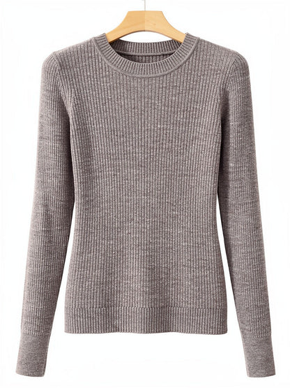 Pewter high neck top in a fine rib on a hanger, showing the short standing collar