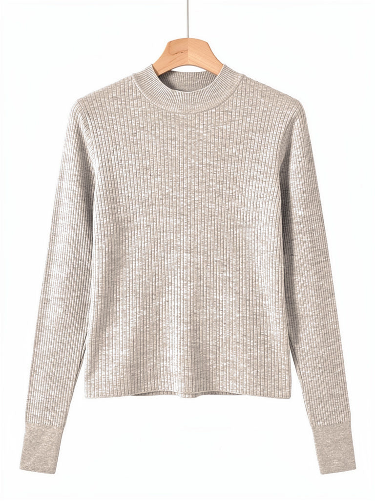 Putty high neck top in a fine rib on a hanger, showing the short standing collar and the deep ribbed cuffs